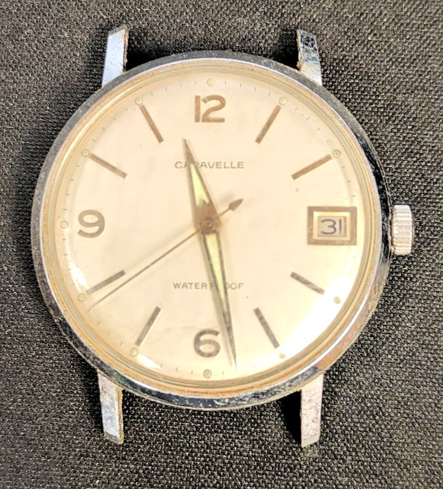 Vintage Caravelle Mens Watch Date For Parts As Is No Band Unknown Issues