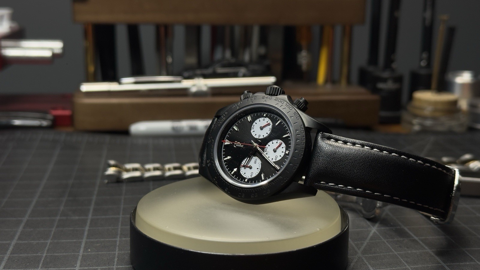 Time Panda Chronograph Quartz 40mm Black Dial Leather Strap w/ Box