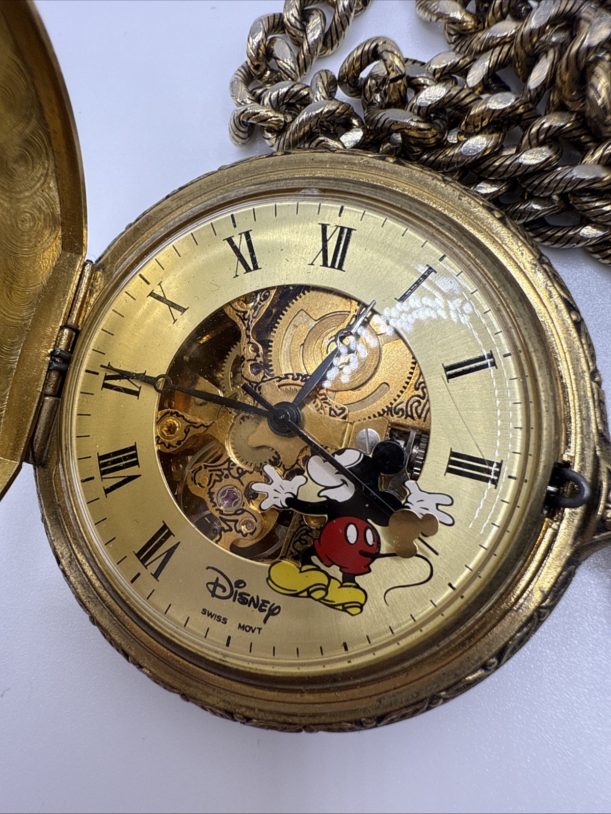Disney Vintage Mickey Mouse Pocket Watch Manual Wind Swiss Skeleton – READ DESCR