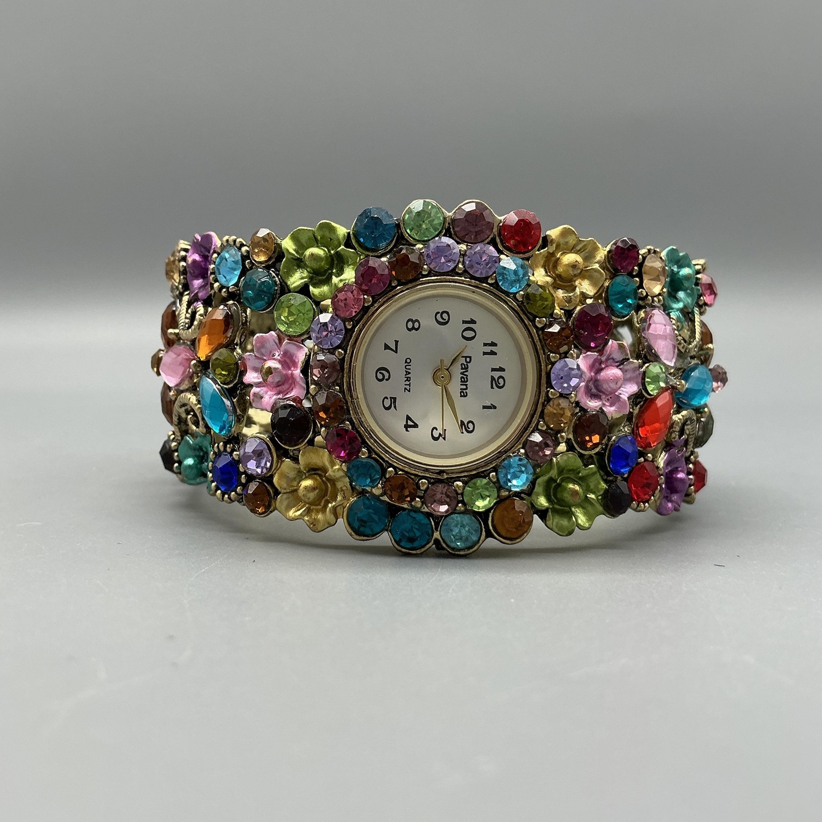 Pavana Womens Watch 28mm Multicolor Crystal Floral Bangle Cuff New Battery
