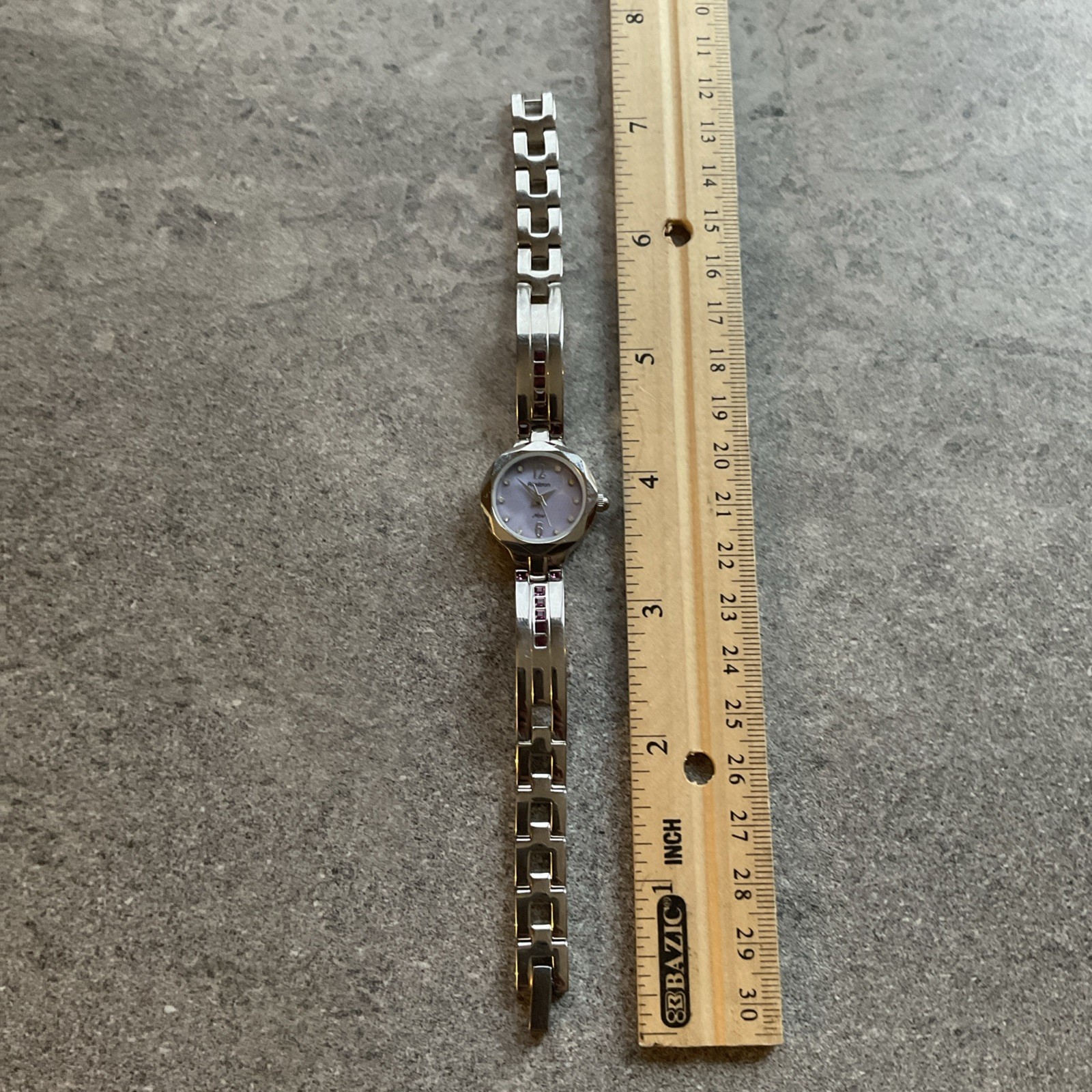 Beautiful Armitron Womens Watch 23mm Silver Tone Case/Band Purple MOP Dial Bin G