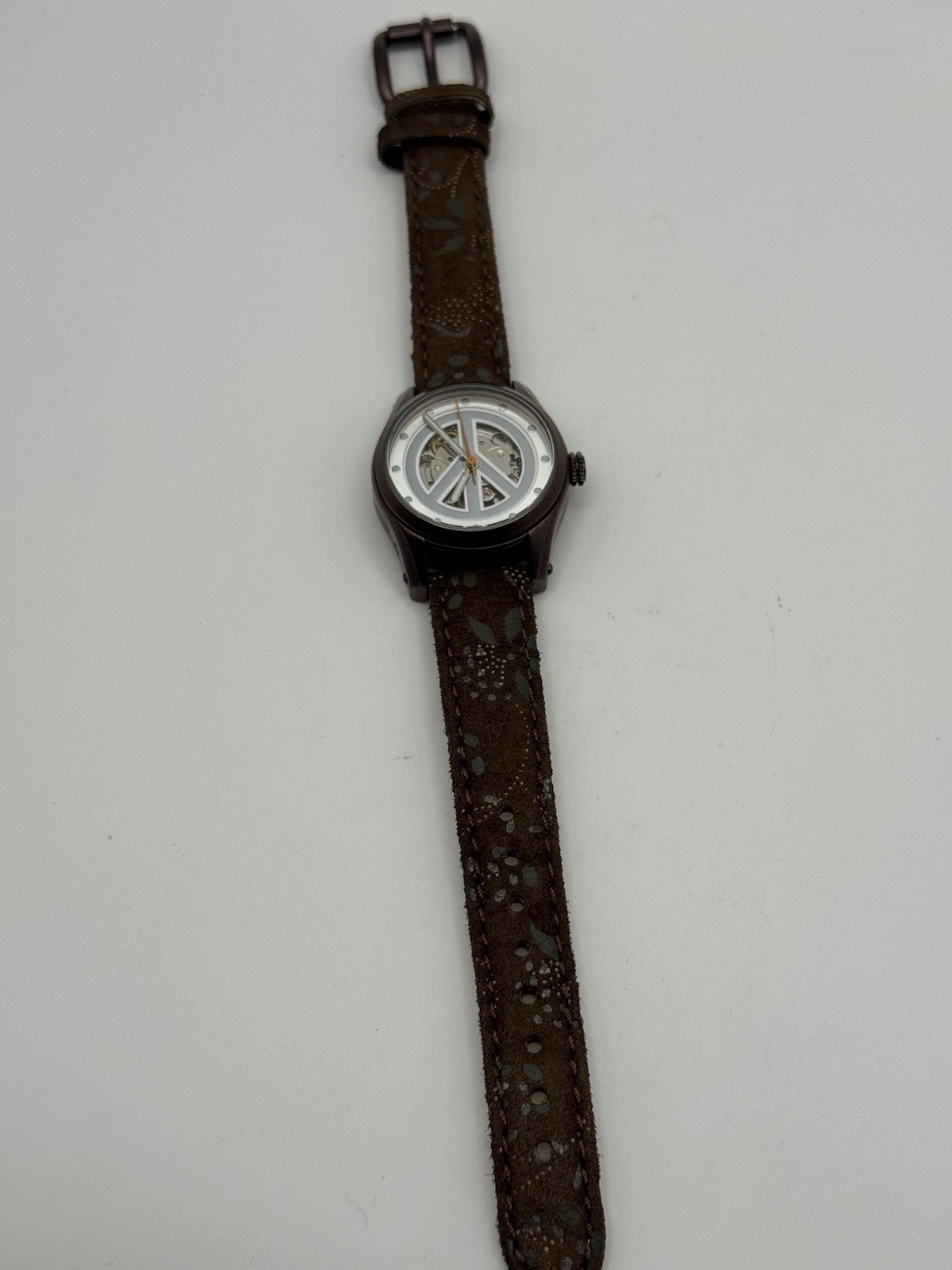 Lucky Brand Peace Skeleton Automatic Bronze Leather Ladies Wrist Watch