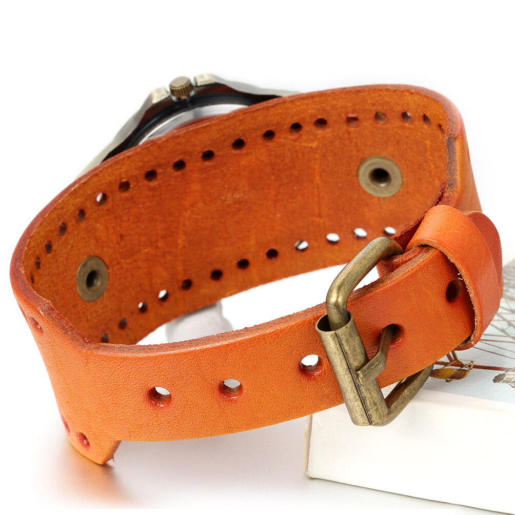 Retro Men Women Punk Wide Leather Bangle Roman Numerals Dial Quartz Wrist Watch