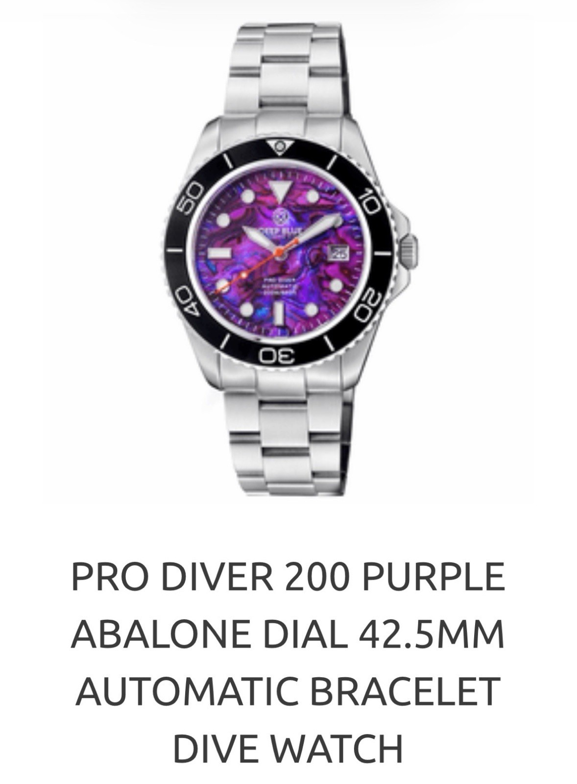 Deep Blue PRO DIVER 200 42.5MM AUTO DIVE WATCH-PURPLE ABALONE DIAL -NEW‼️