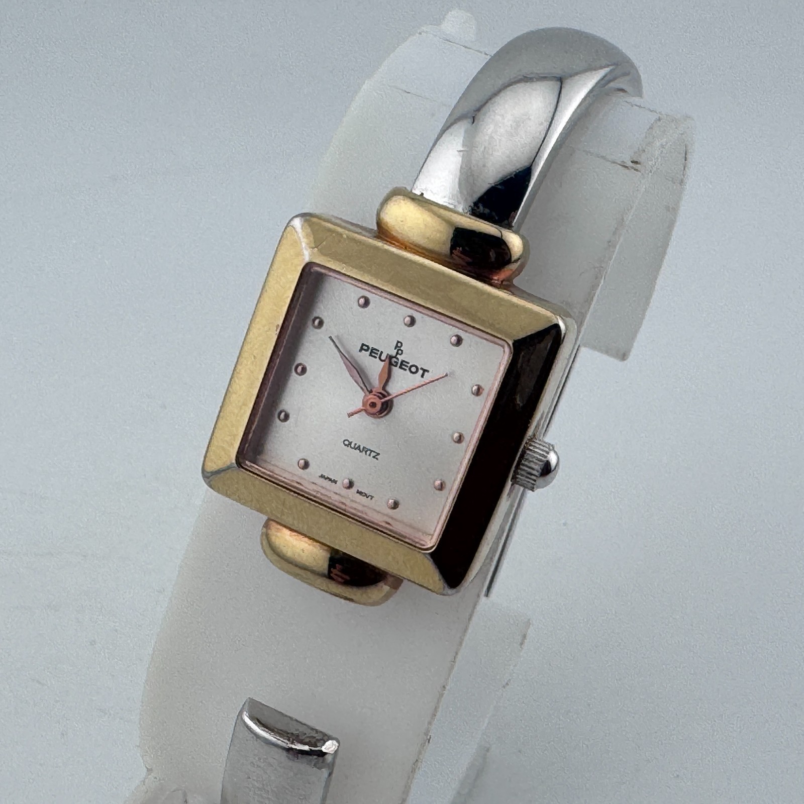 VTG Peugeot Japan Quartz Watch Women Dual Tone Square Cuff Bracelet New Battery