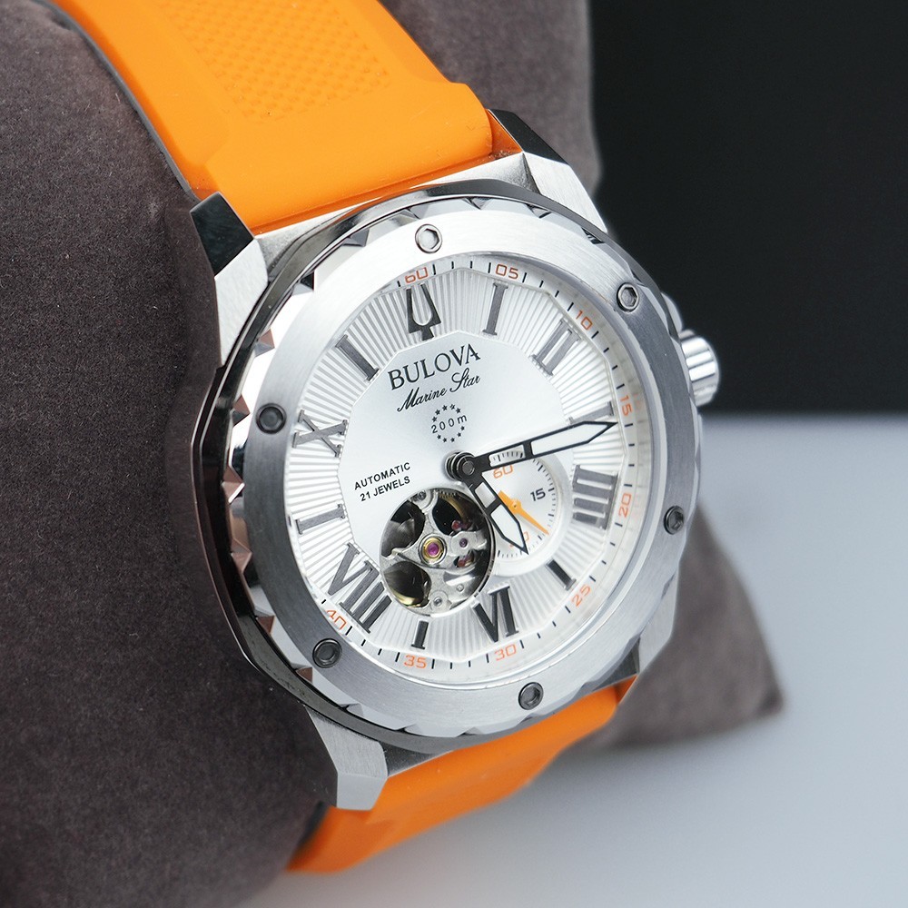 Bulova 98A226 Marine Star Orange Silicone Strap Men’s Automatic Watch 44 mm