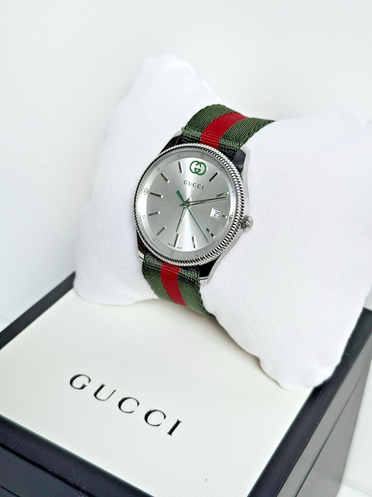 Gucci G-Timeless Silver Dial Green and Red Nylon Strap Watch 38mm YA1264236