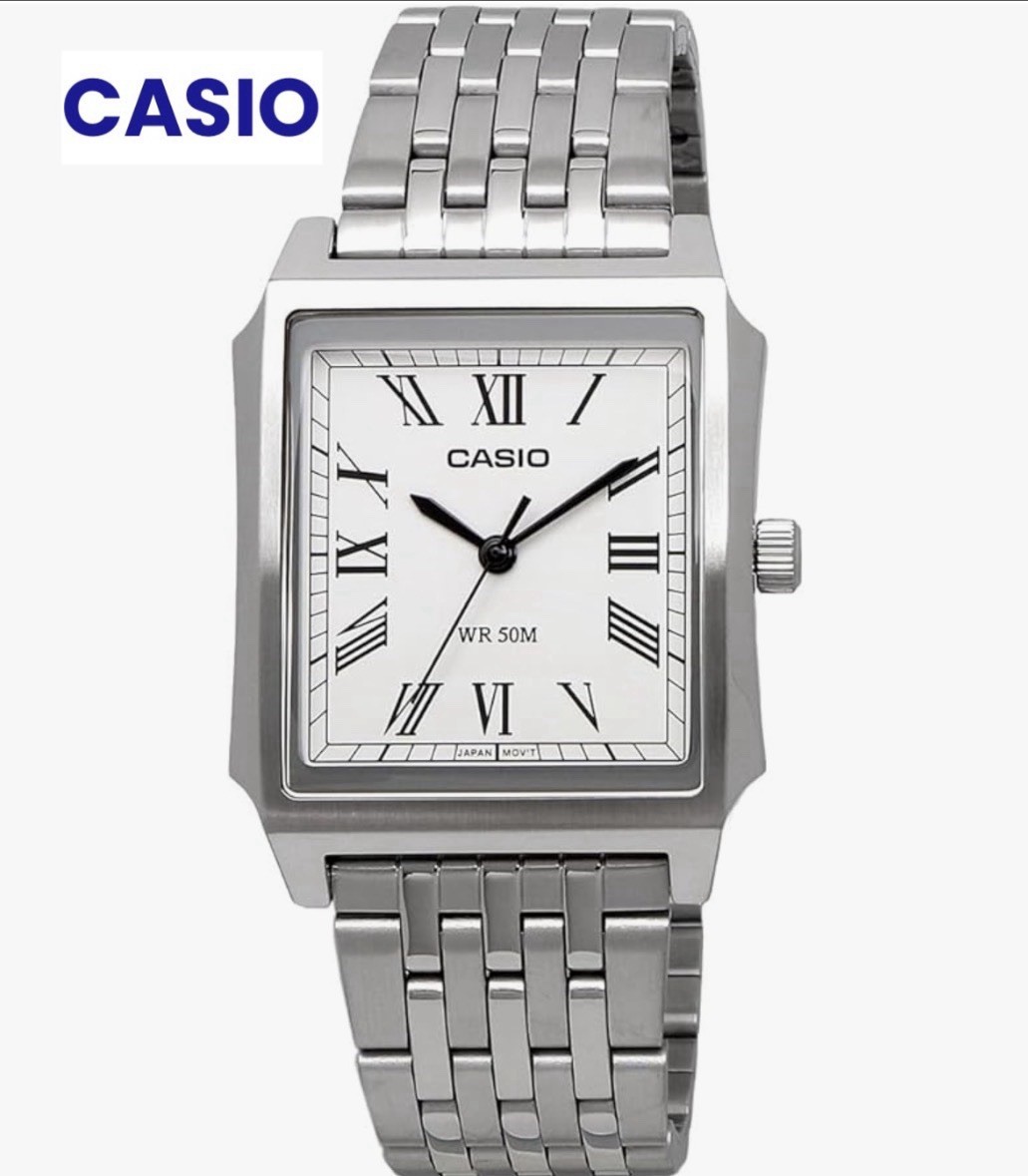 CASIO Vintage Square Stainless Steel Watch White Roman Numeral Dial MTP-B190D-7B