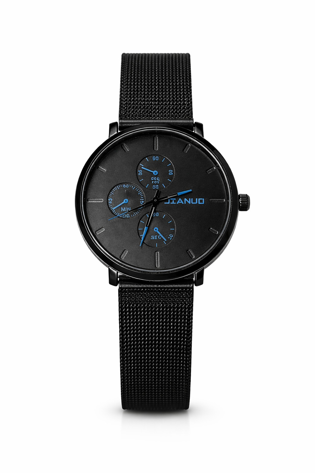 Men’s Black Stainless Steel Mesh Watch Blue Dial Minimalist Luxury Quartz Watch