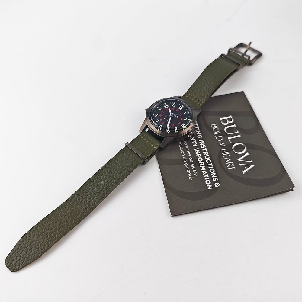 Bulova Hack 98A255 Black Dial Green Leather Strap Automatic Men’s 38MM Watch NEW