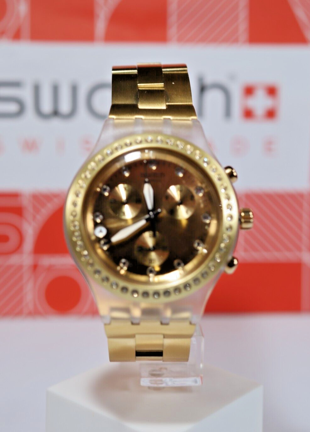 NEW LIMITED SWATCH IRONY FULL BLOODED GOLD CHRONO ALUMINUM 43MM WATCH SVCK4084