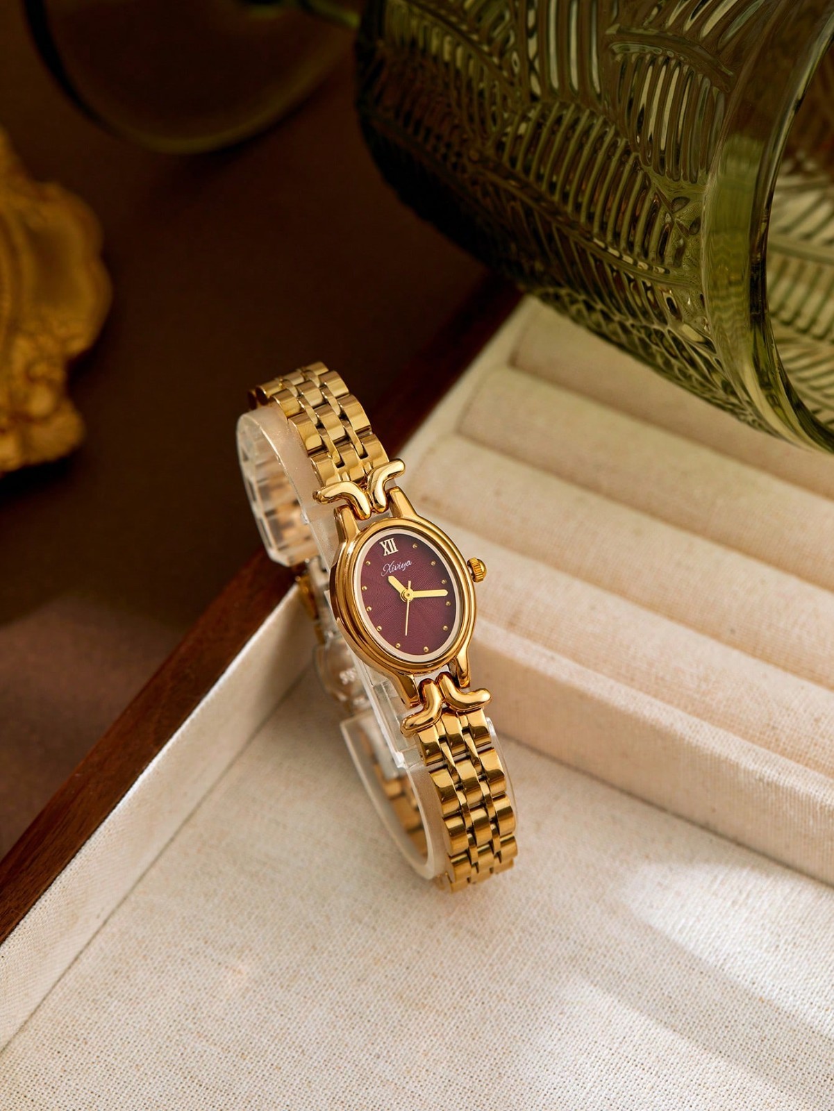 Gold and Burgundy French Vintage Style Unique Dainty Women’s Wrist Watch