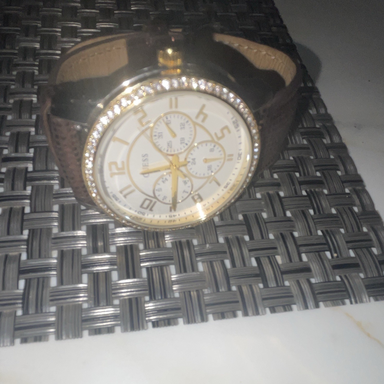 GUESS Women’s Dress Quartz Analog Chronograph White Dial Brown Leather Strap