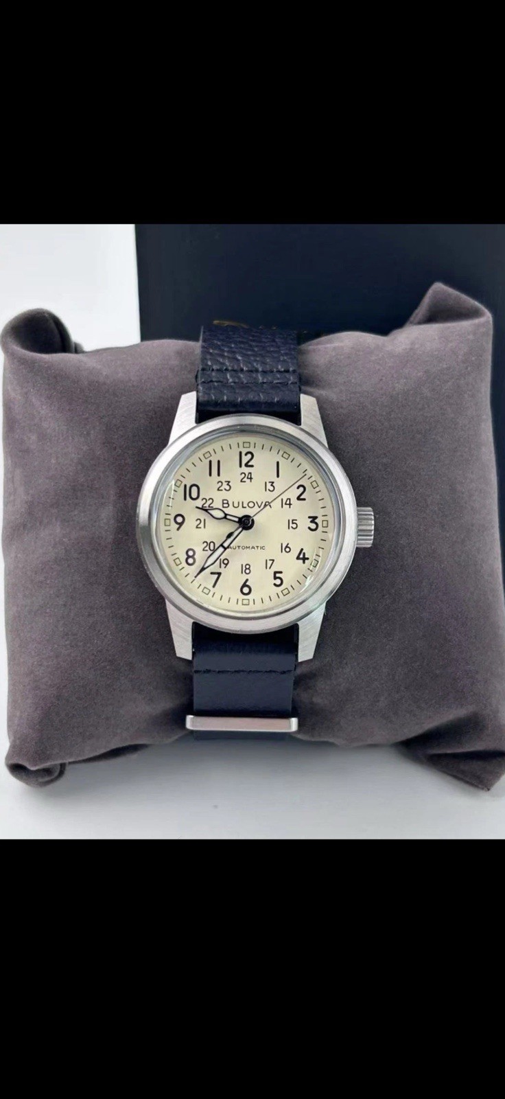 NEW✅AUTOMATIC✅ Bulova Hack Cream Dial Black Leather Strap Men’s Watch 96A246