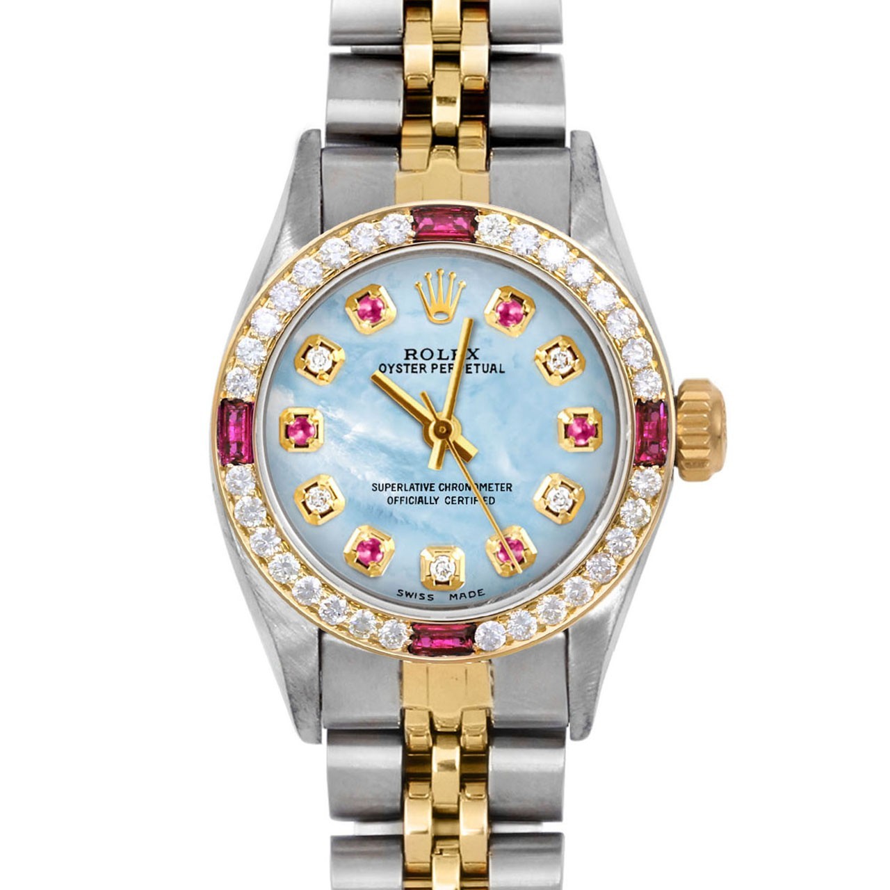 Rolex Ladies TT Oyster Perpetual Blue MOP Ruby Diamond Dial Ruby Diamond Bezel