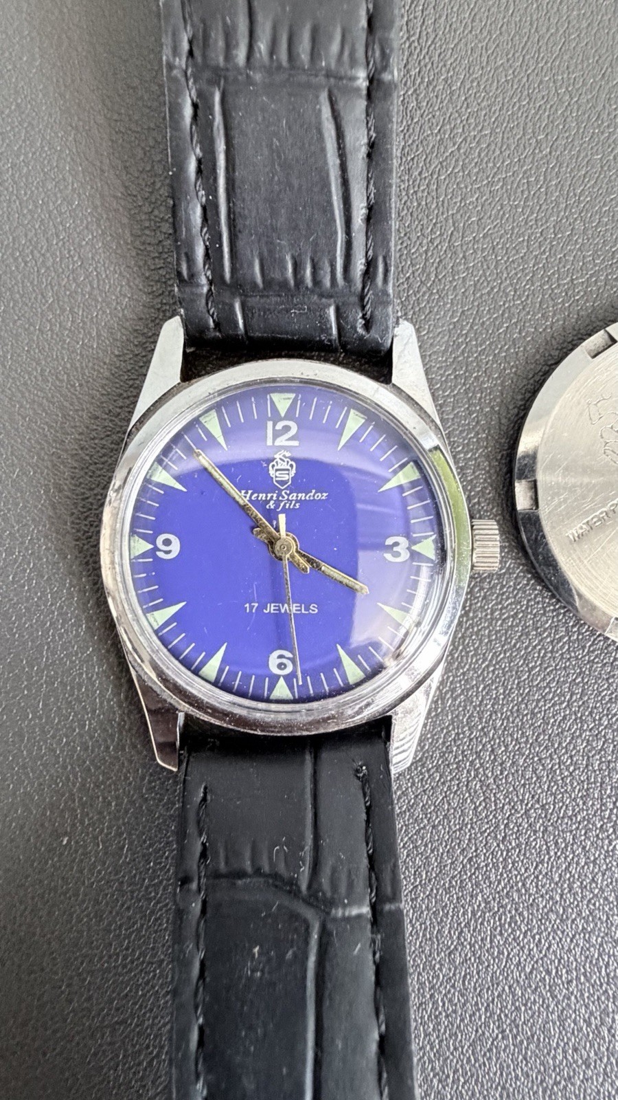 Vintage Henri Sandoz & Fils 17 Jewels Blue Dial Mens Watch Swiss Made