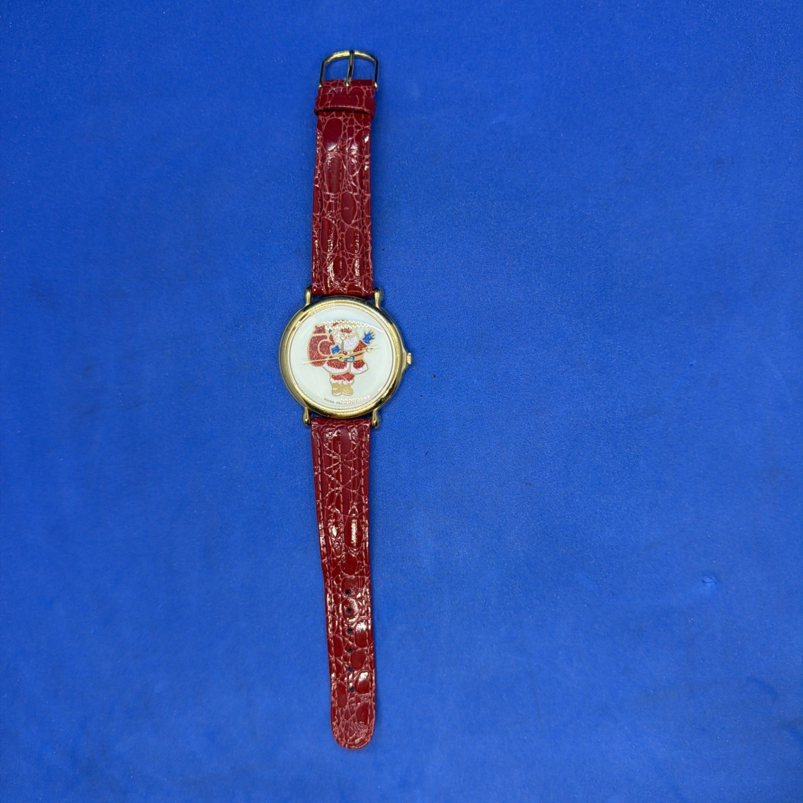 Vintage Christmas Santa Glitter Dial Gold Tone Watch With Red Leather Band