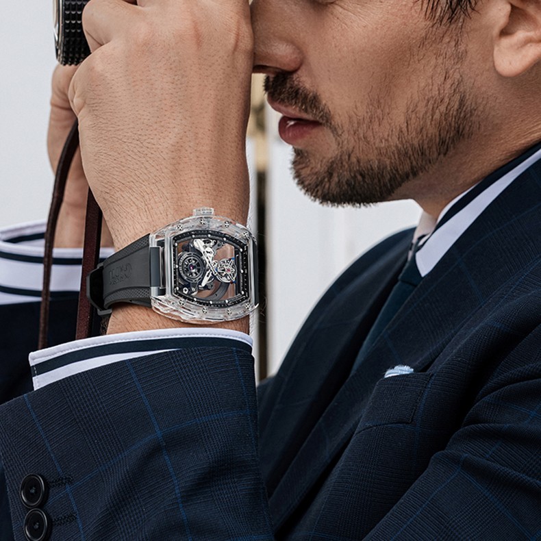 BONEST GATTI Men Tourbillon Watch Tonneau Automatic Mechanical Acrylic Case