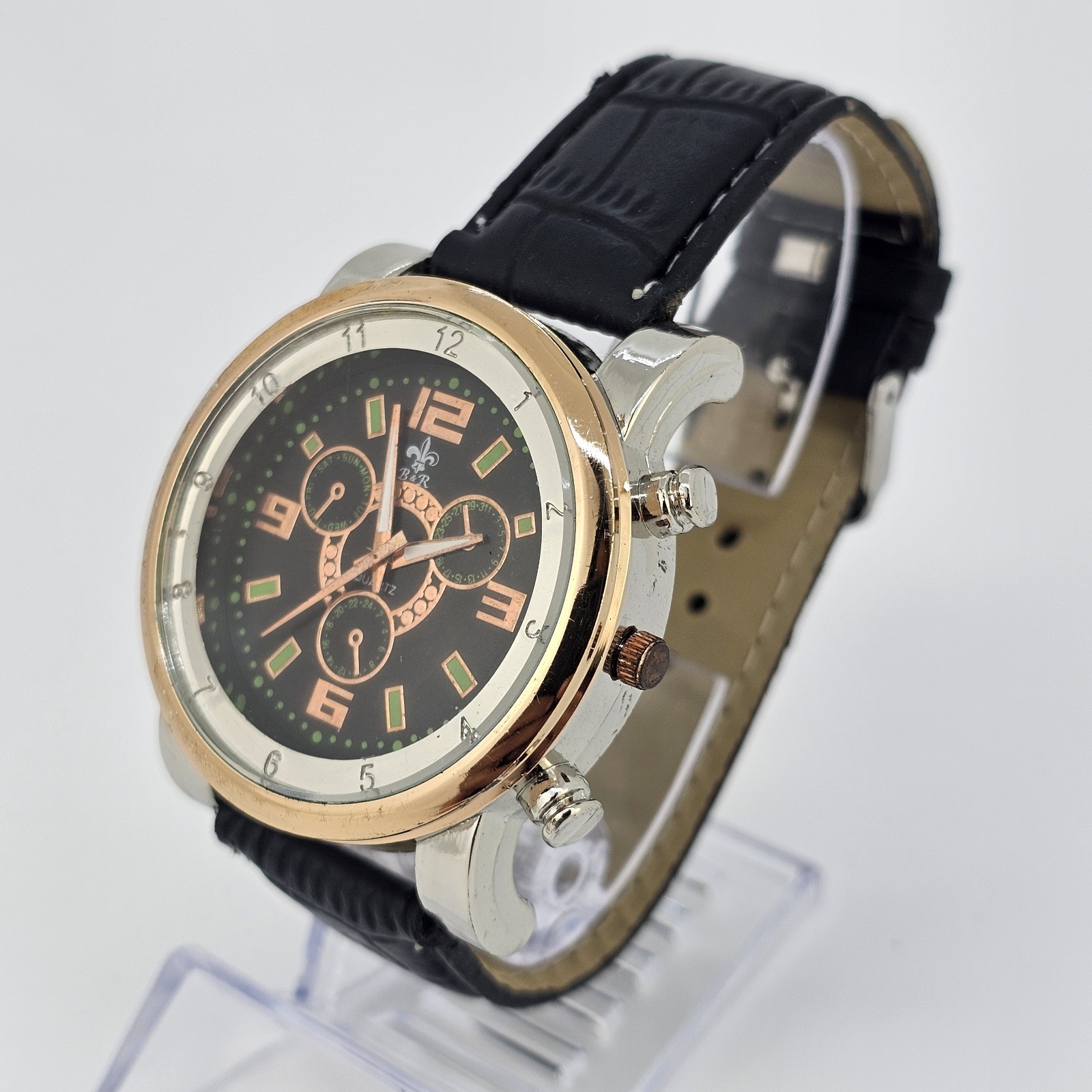 Men’s Analog Watch 43MM Black Dial Black Faux Leather Bands New Battery