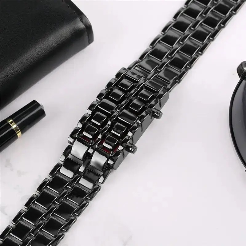 LED Digital Watch, Black & Blue Stainless Steel Lava Style, Samurai Bracelet