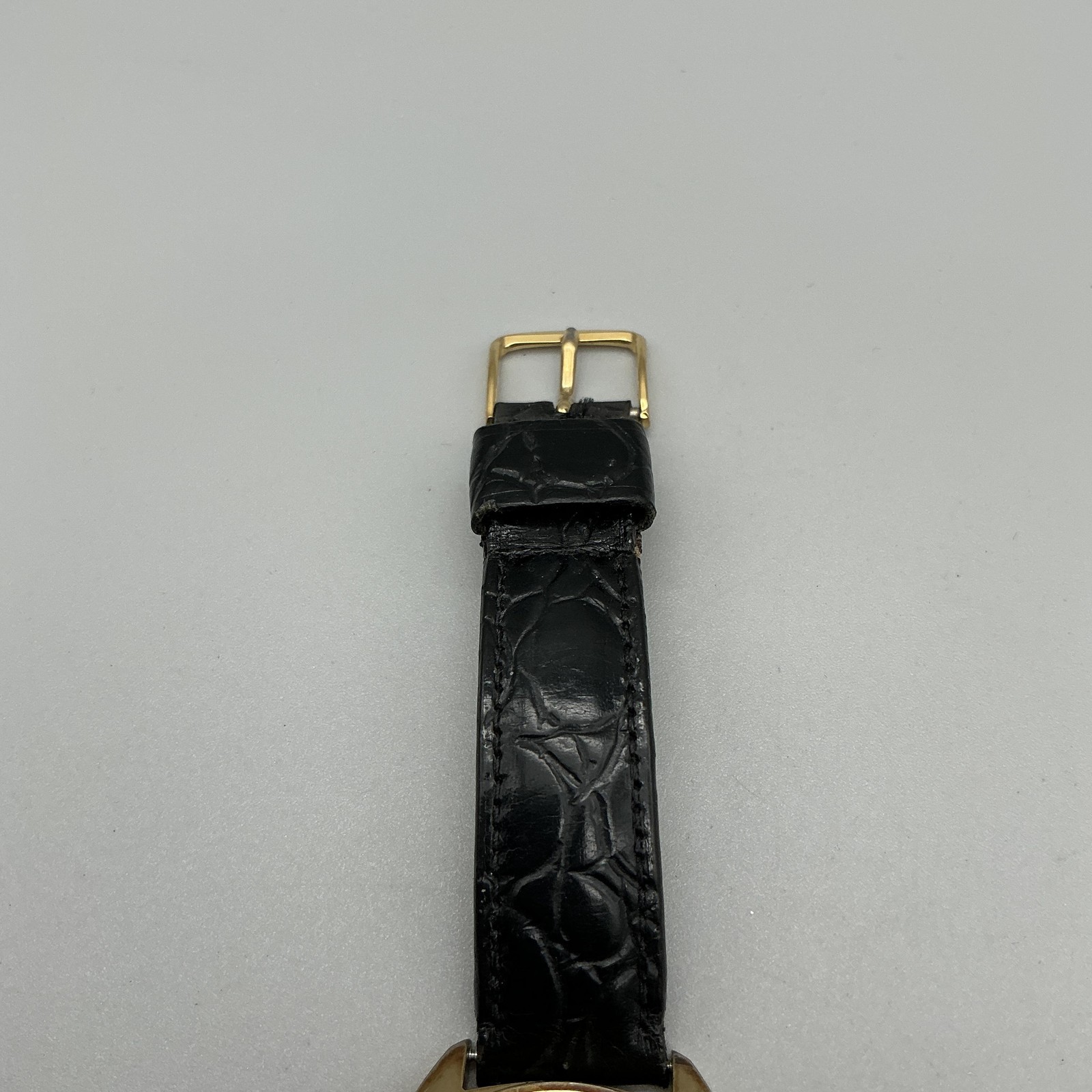 Vintage Caravelle Mens Watch 33mm Black Dial Gold Tone Case Manual Leather Strap