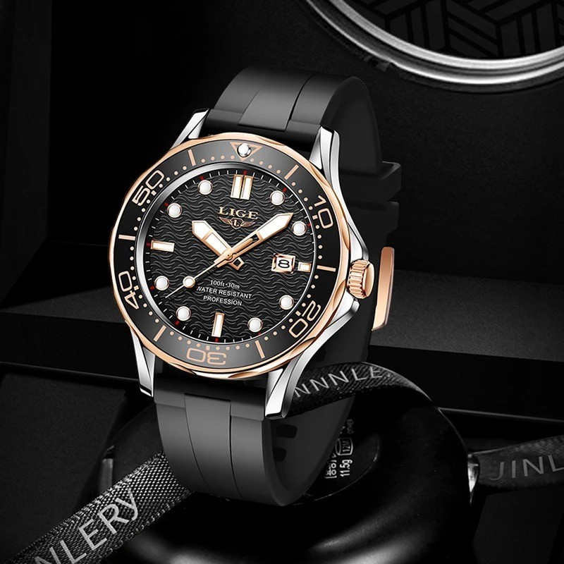 44MM LIGE Luxury Quartz Watch Men’s Diver Silicone 30M Waterproof Luminous NEW