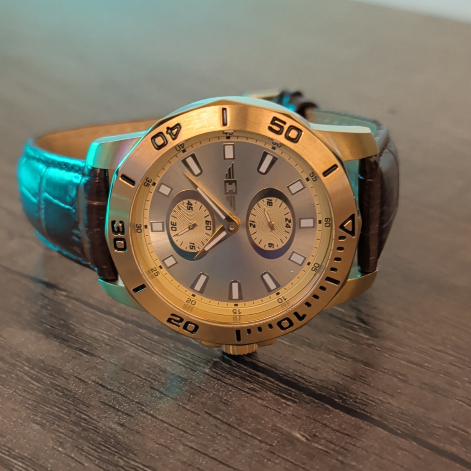 Invicta Quartz 46mm Gold Tone Stainless Case Silver Dial Brown Leather 100m