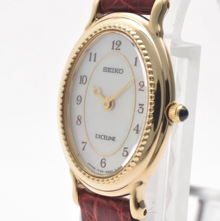 [Mint] SEIKO Exceline 1F20-6A4A Gold MOP Dial Red Leather Quartz Women’s Watch
