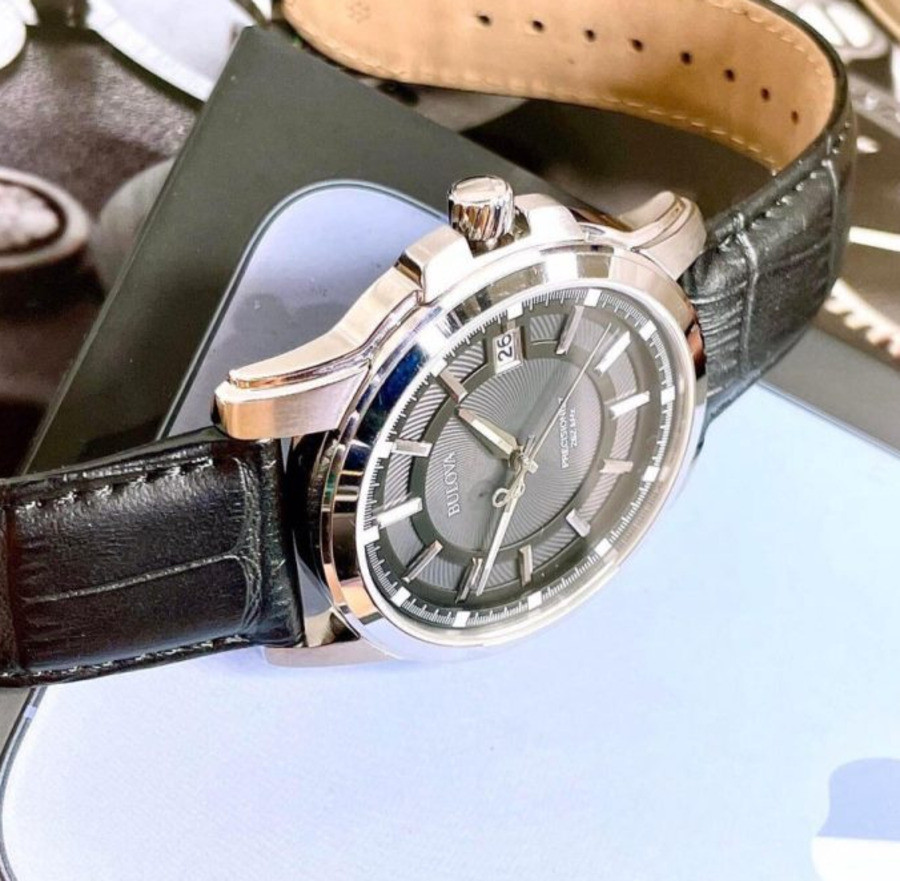 Bulova Gray Dial 96B158 Precisionist Silver Tone Black Leather Band Men’s Watch