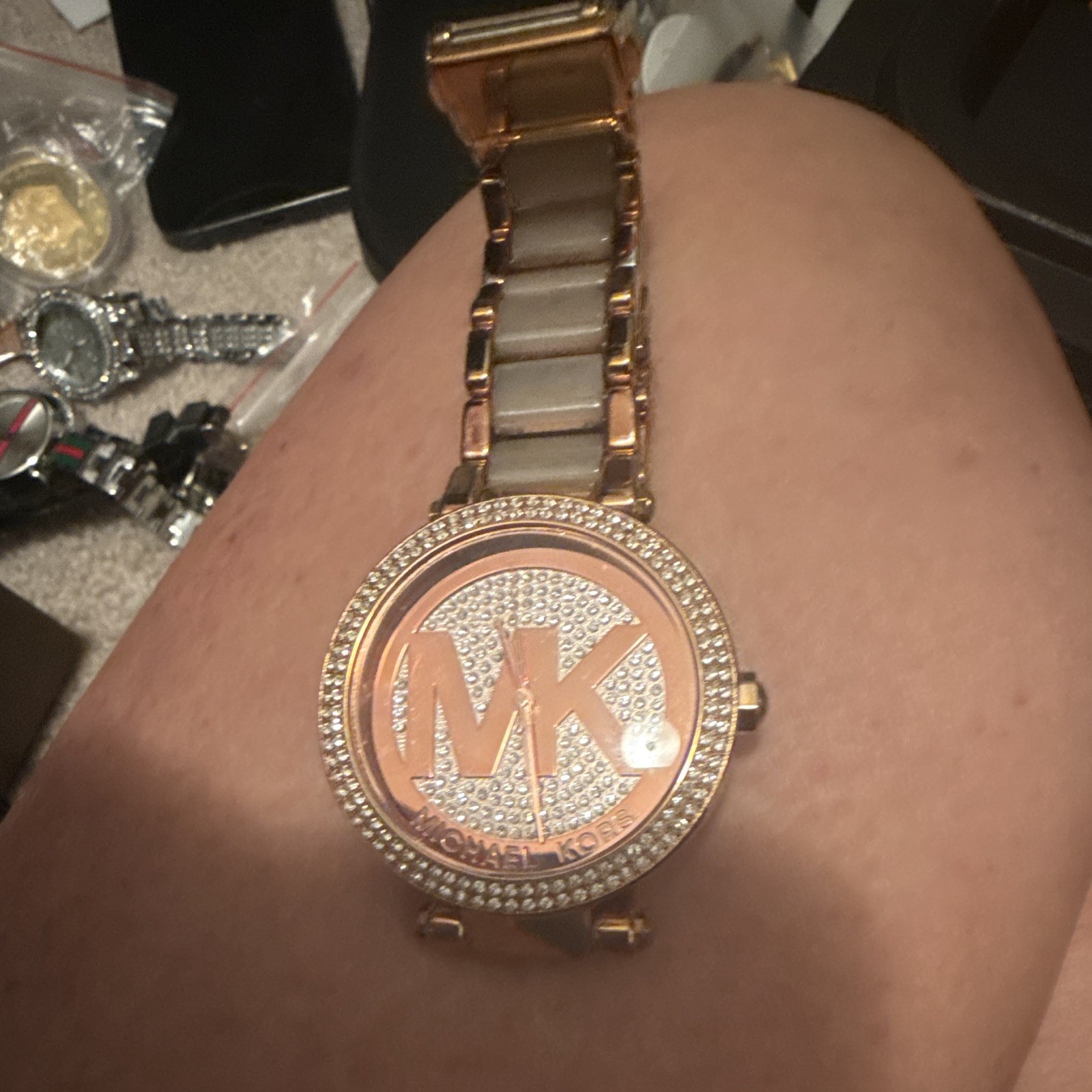 Michael Kors MK Rose Gold-Tone Quartz Logo Dial Gem-Set Bezel Bracelet
