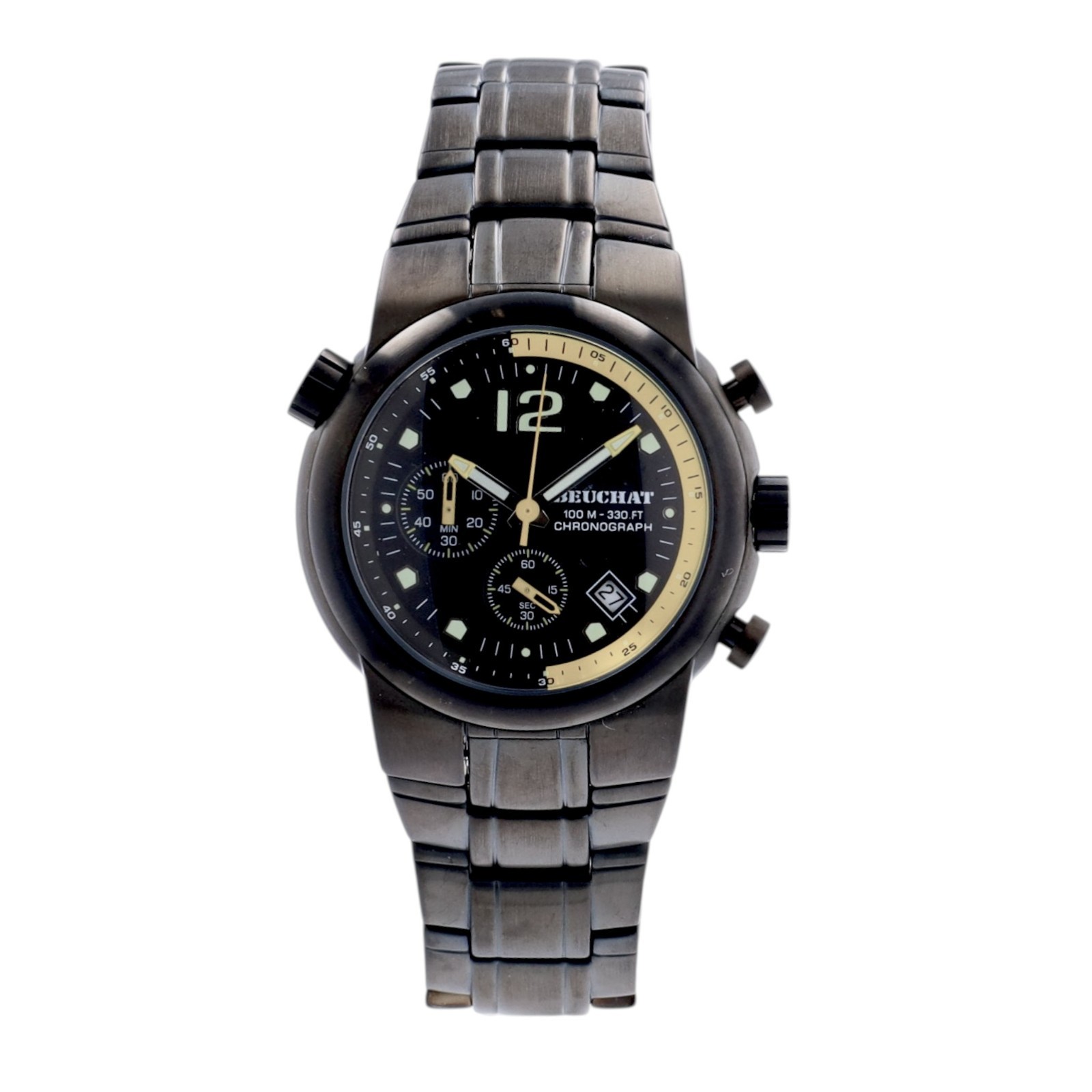 Beuchat Mirage Mens Chronograph Watch Black PVD Yellow 100M Swiss Date Quartz