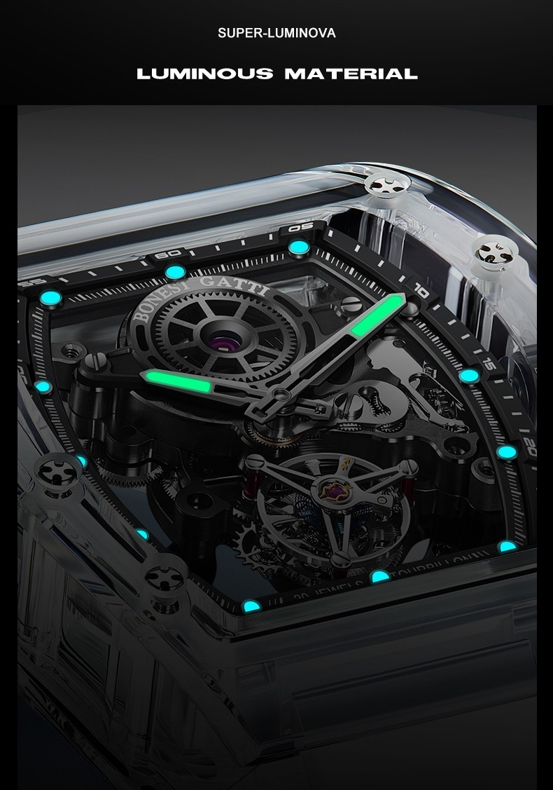 BONEST GATTI Men Tourbillon Watch Tonneau Automatic Mechanical Acrylic Case