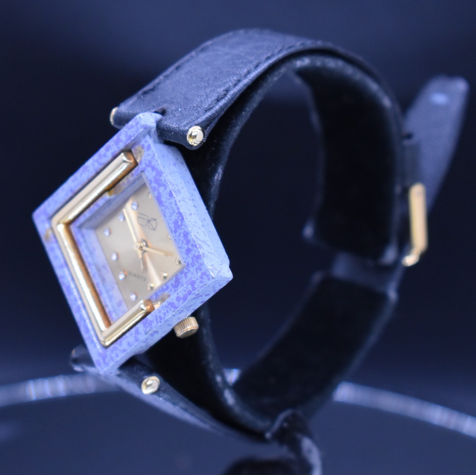 Vtg 1980s Asymmetrical Fashion Watch Geometric Purple Gold Statement NEW BATTERY