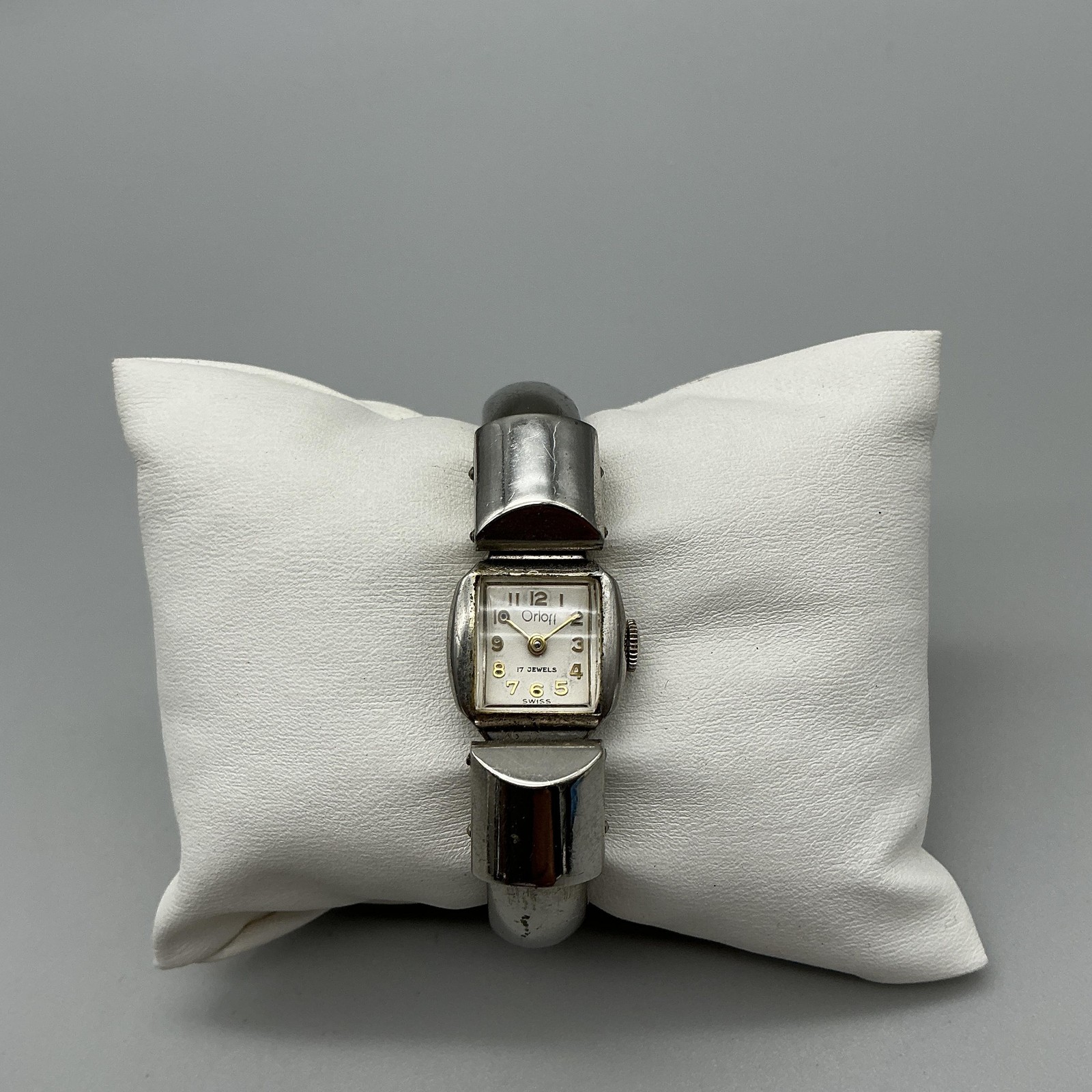Vintage Orloff Women Watch 16mm White Dial Silver Tone Open Bangle Manual Swiss