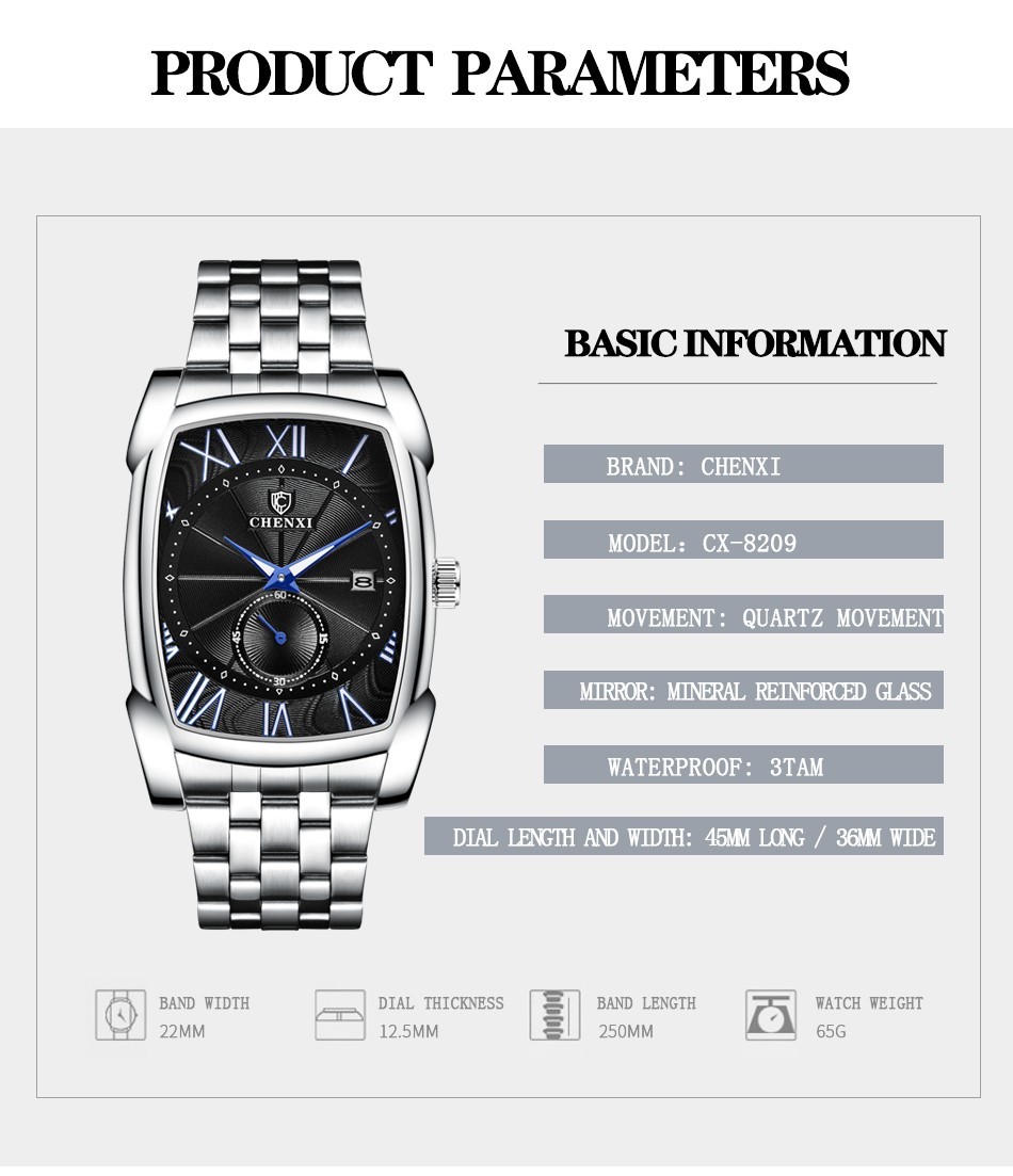 CHENXI Men’s Stainless Steel Rectangle Luminous Business Calendar Quartz Watch