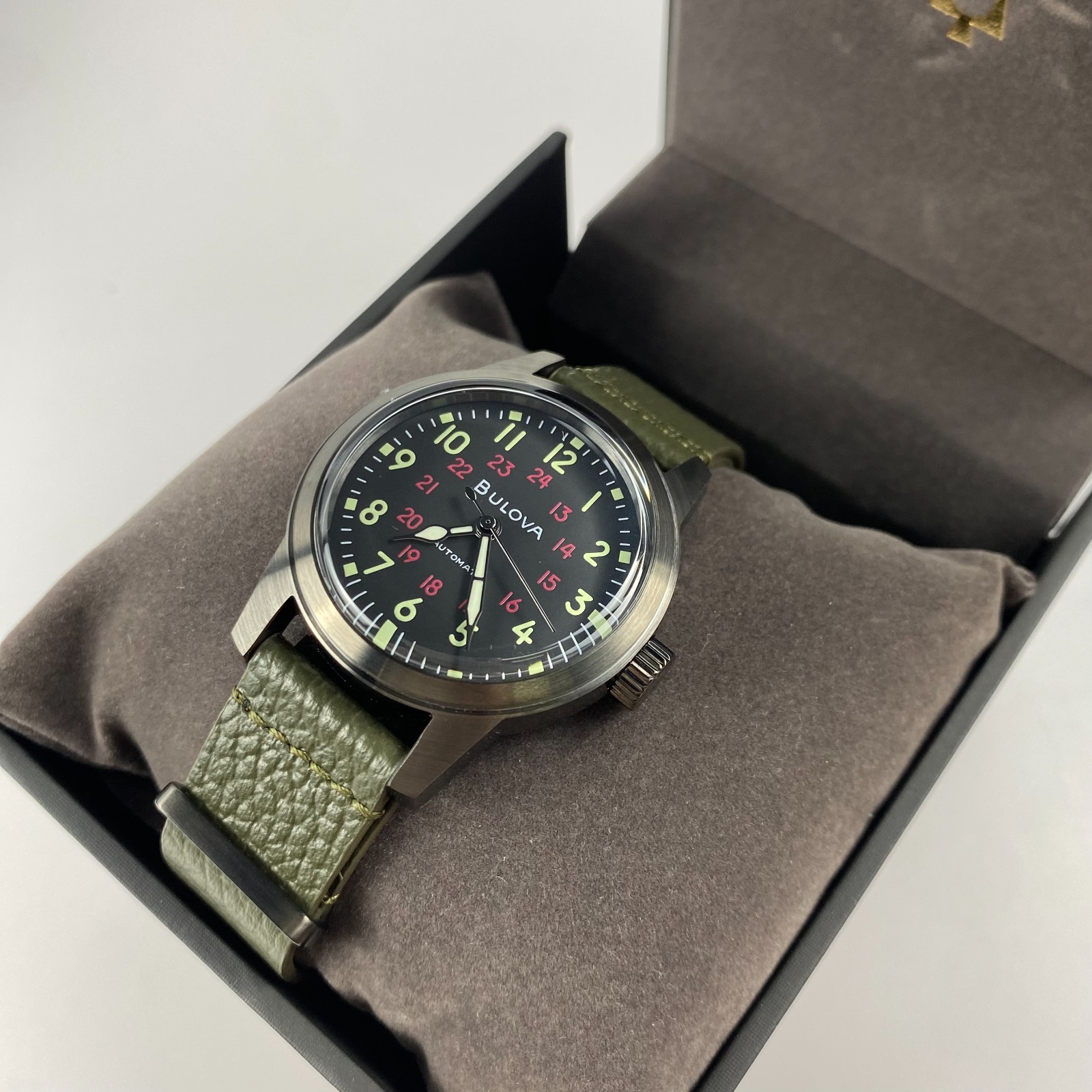 Bulova 98A255 Military Hack Automatic Men’s Watch Black Dial Green Leather Strap