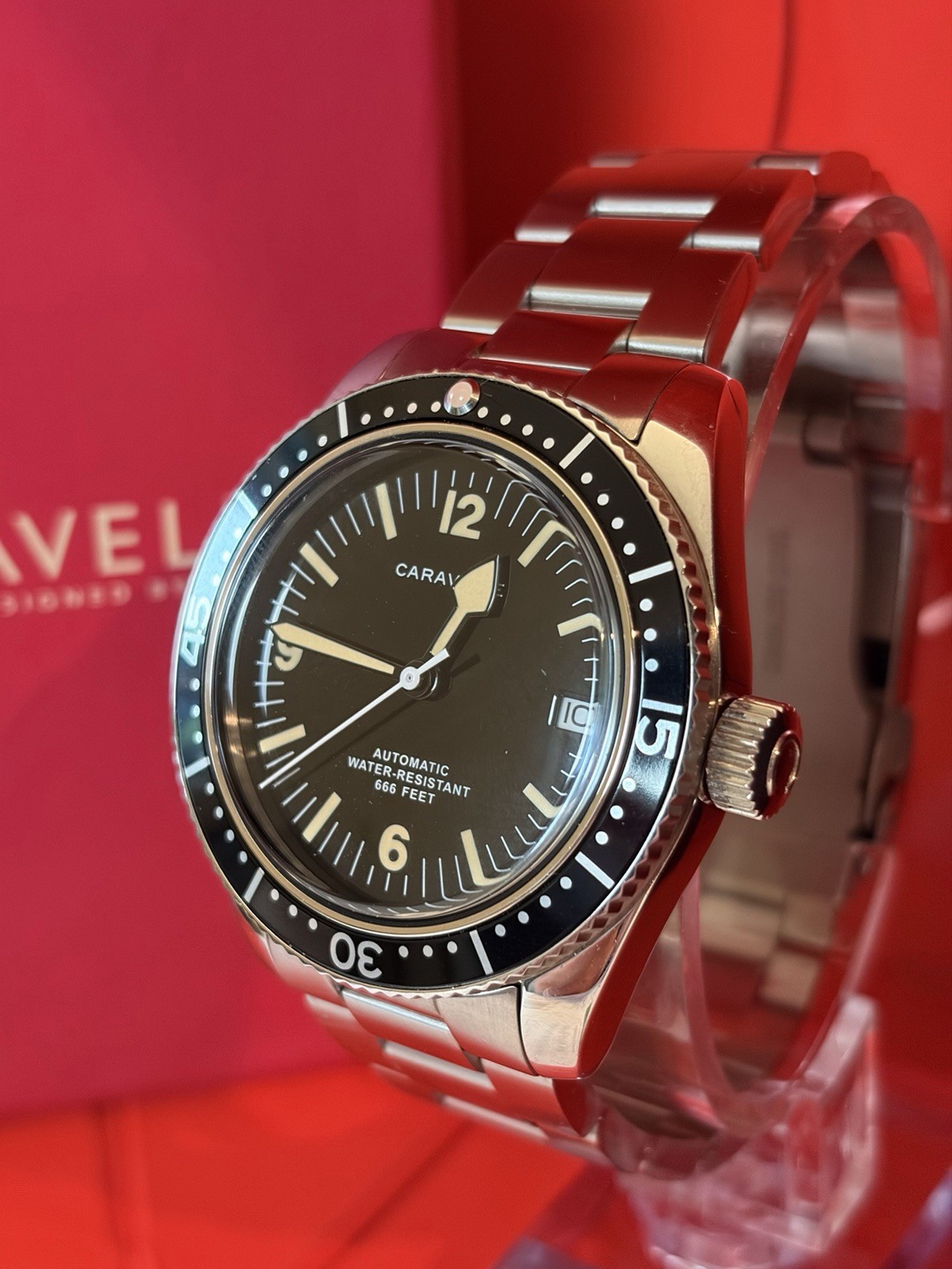 Caravelle Automatic Diver Date Black Dial 40mm Steel Bracelet 666ft Box Papers