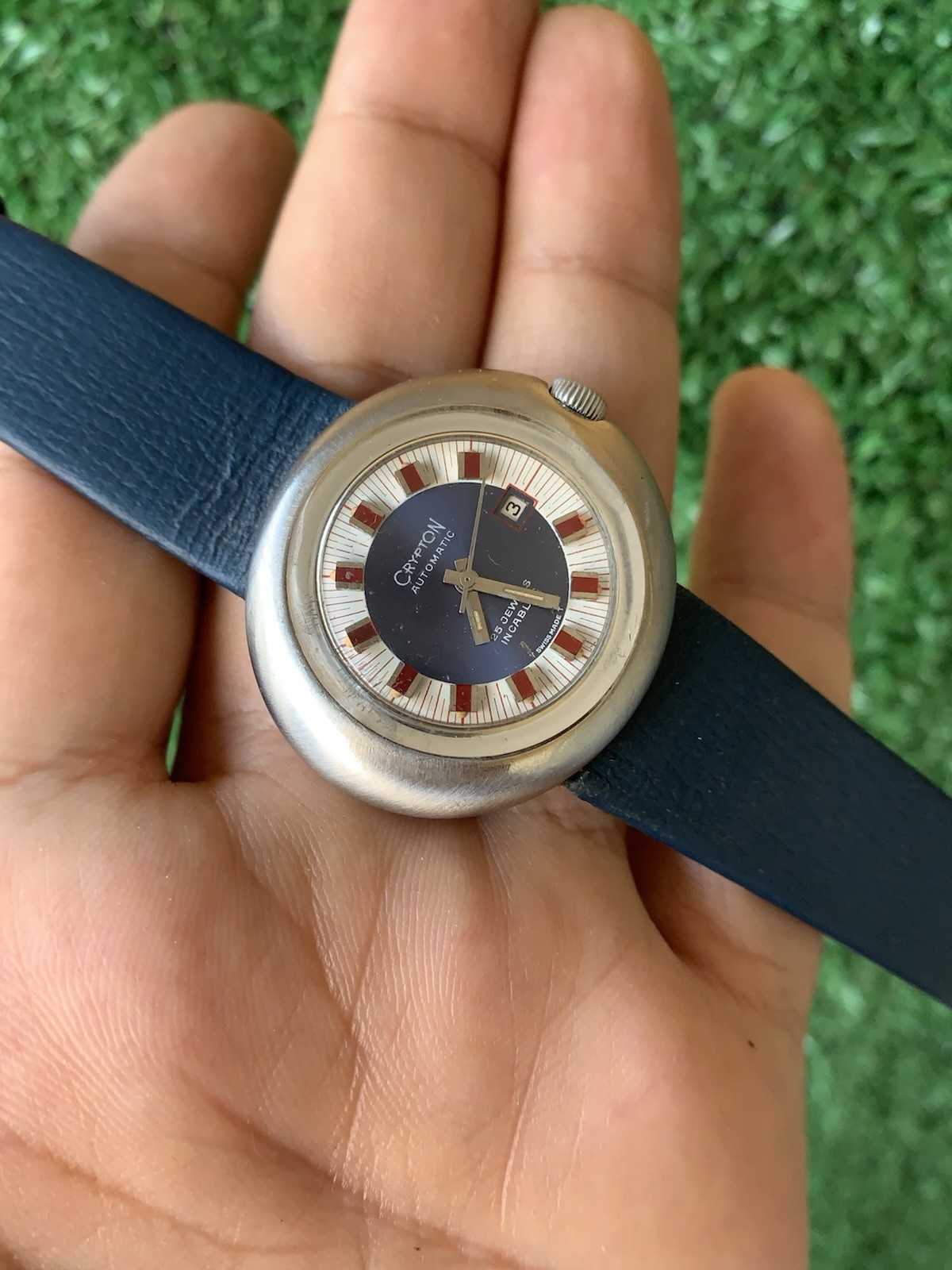 Crypton Automatic Mechanical Watch 25 Jewels Date Blue 37mm 1970s Vintage Red