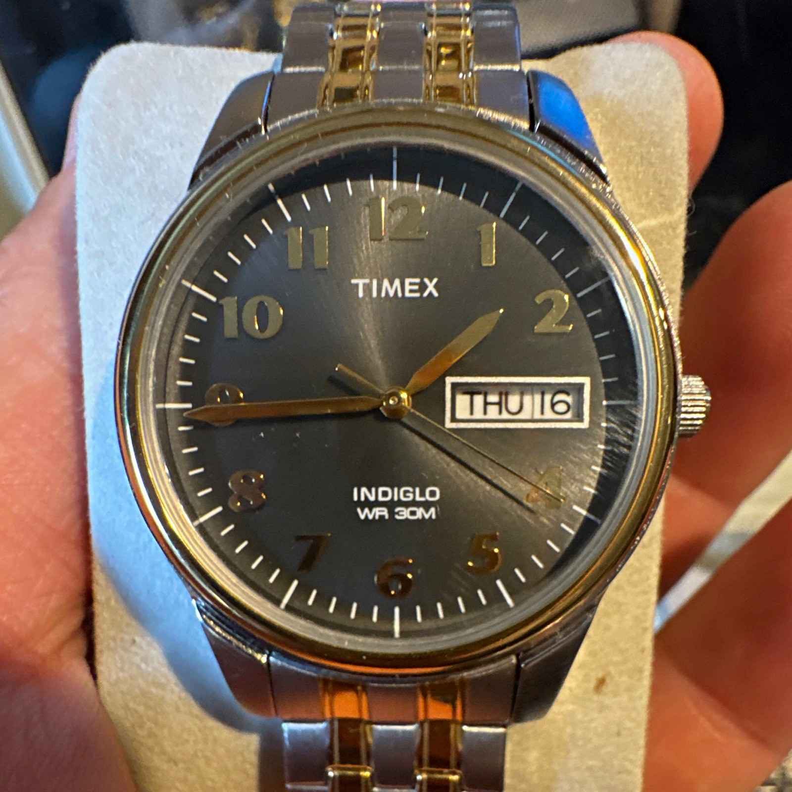 Timex Indiglo Men’s Quartz Day/Date Black Dial Two-Tone Bracelet 30m