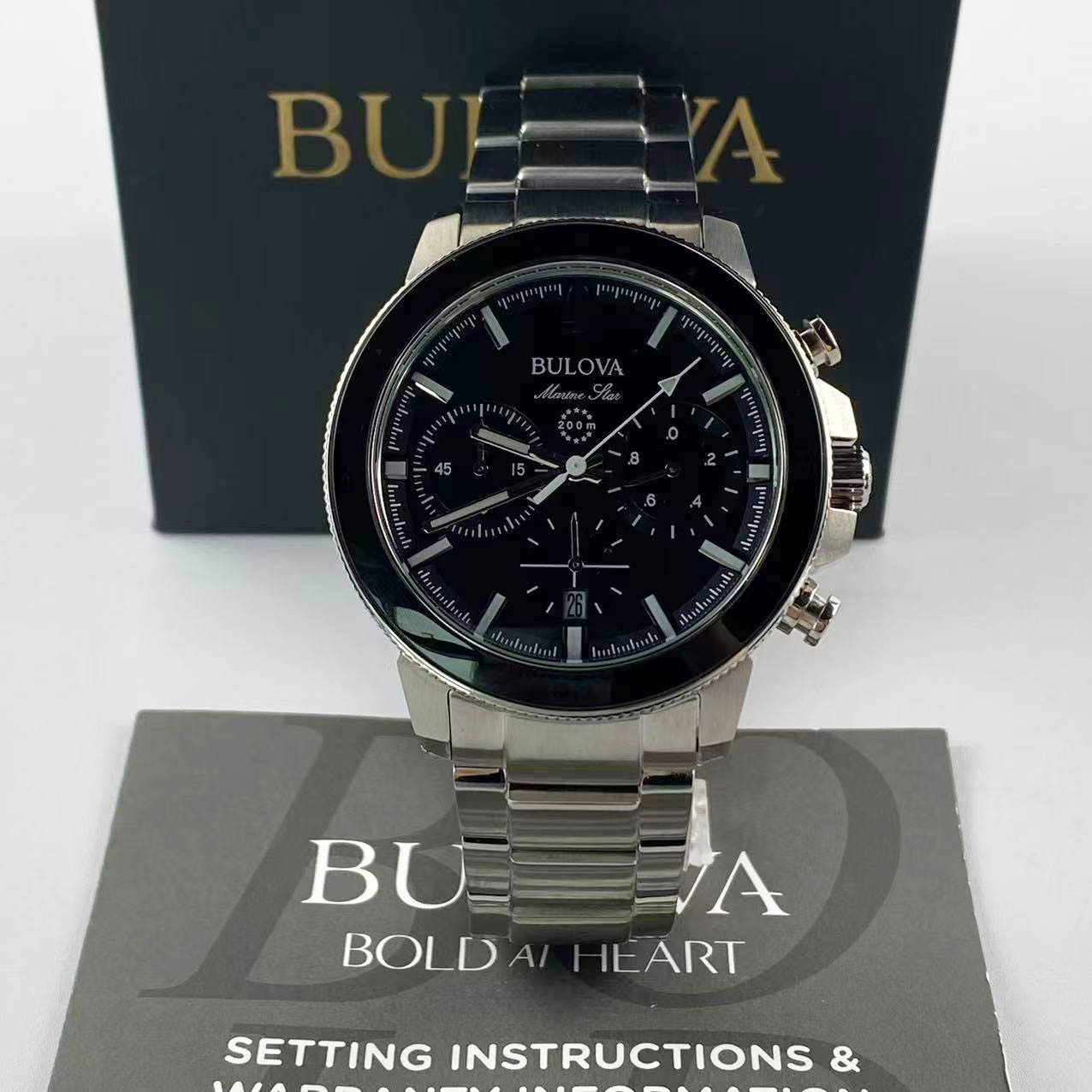 New Bulova Marine Star 96B272 Black Dial Stainless Steel Men’s Quartz Watch 45mm
