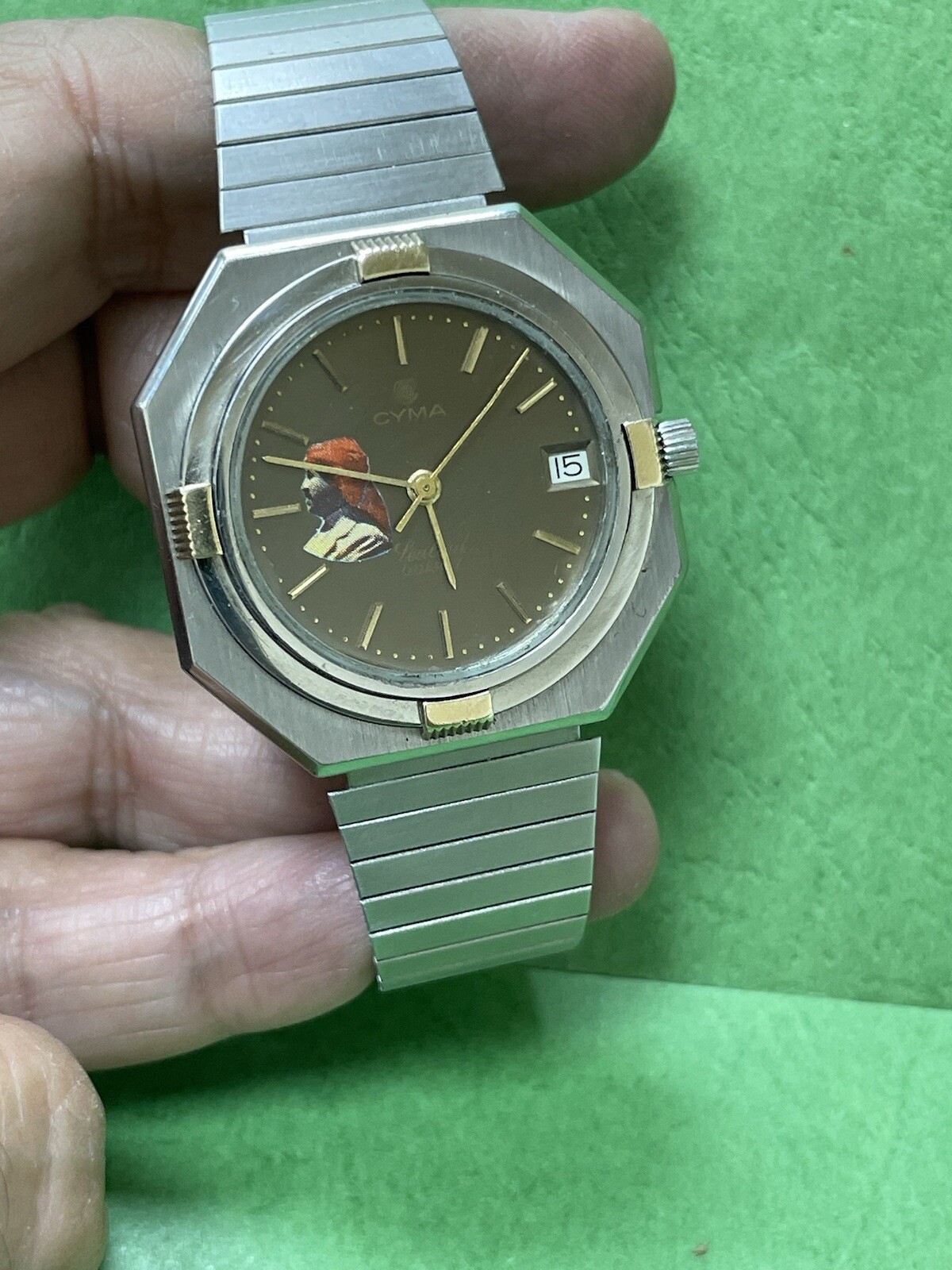 SWISS Cyma President Saddam Hussein Iraq Watch Men Black Dial SS 18k Gold R35