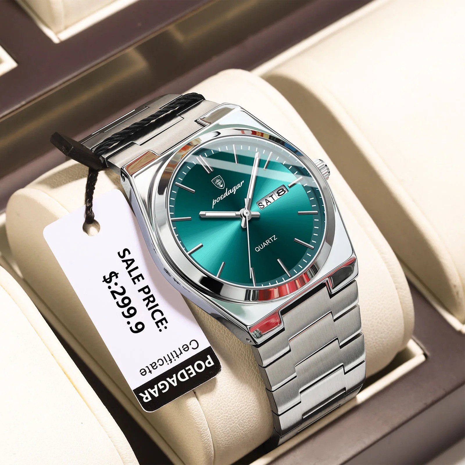 POEDAGAR Men’s Quartz Watch Stainless Steel Waterproof Day Date Luminous