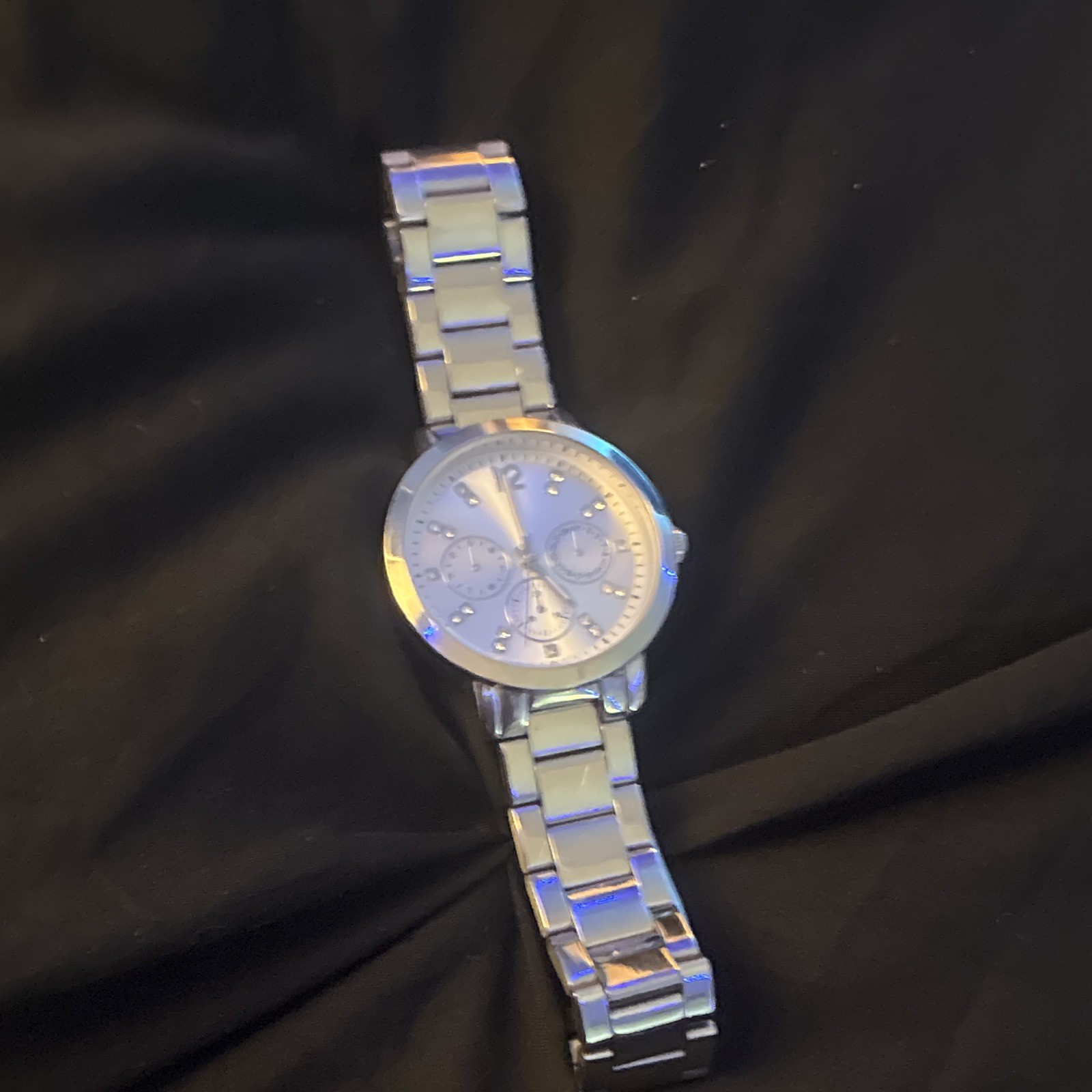 Silver Tone Round Analog Wristwatch White Dial Arabic & Gemstone Markers