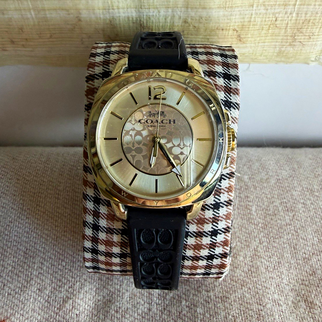 Coach Women’s Quartz Analog Watch Gold Dial/Case Black Rubber Strap 43mm