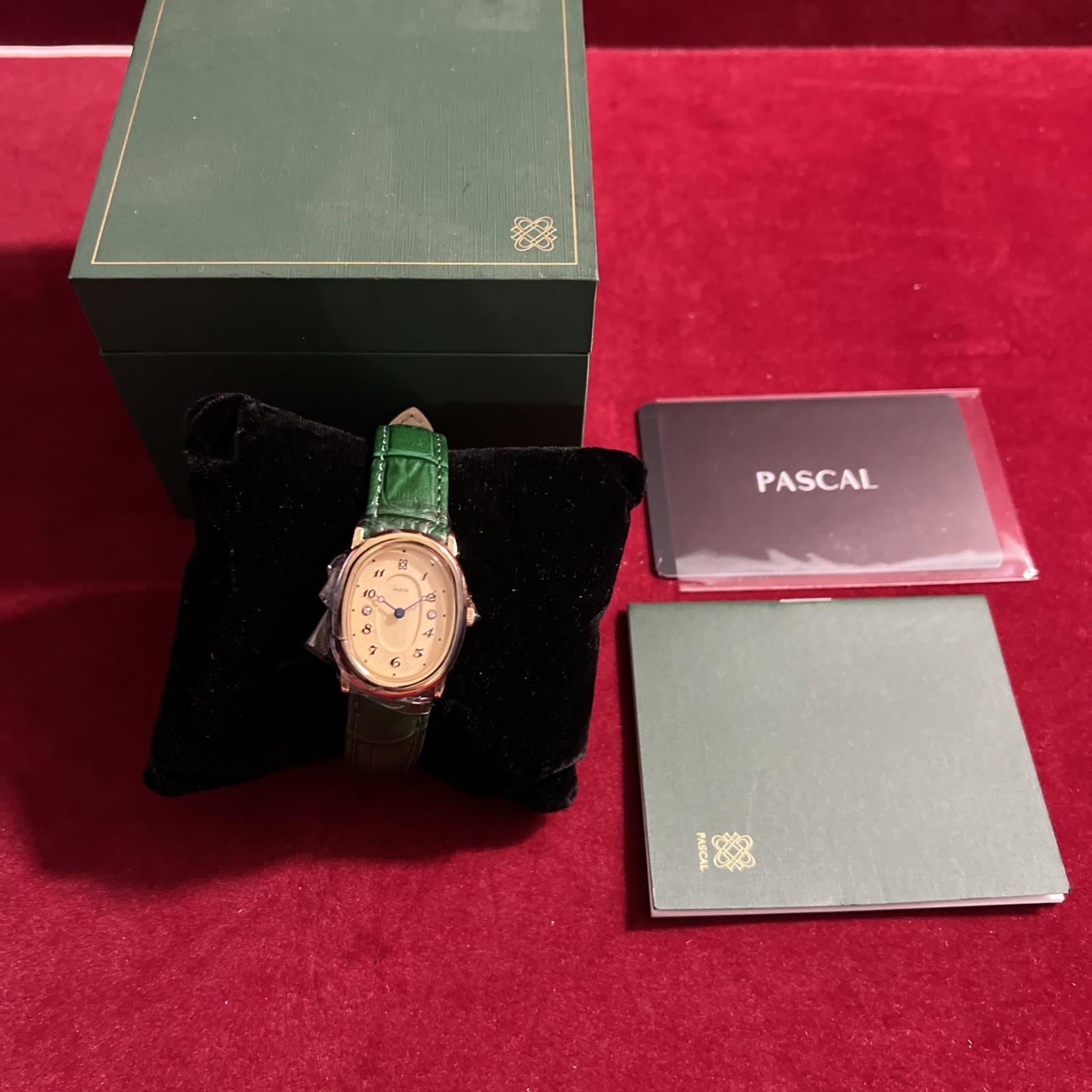 PASCAL Oval Bubble Diamond 24mm Women’s Watch Gold-Tone/Beige Dial/Green Strap