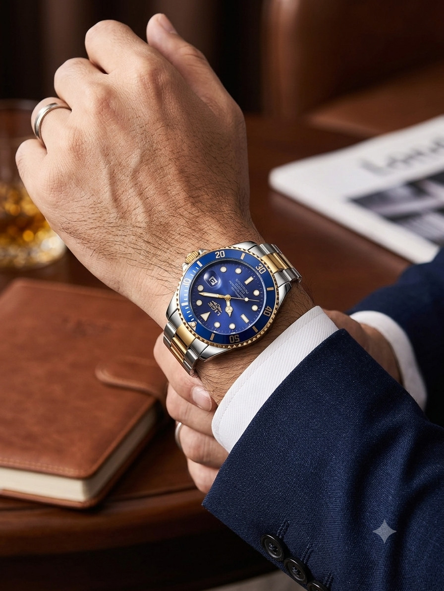 LIGE Men Quartz Watch Two Tone Gold Silver Stainless Steel Band Luxury Blue Dial