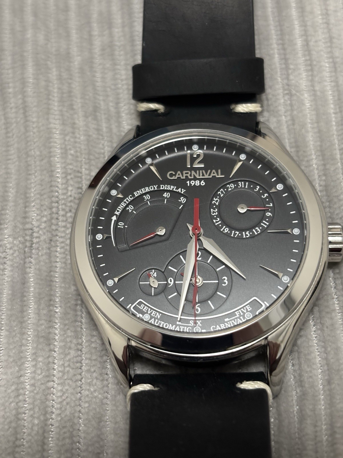 Carnival Men Mechanical Automatic Watch Energy Display Date Two Time zone