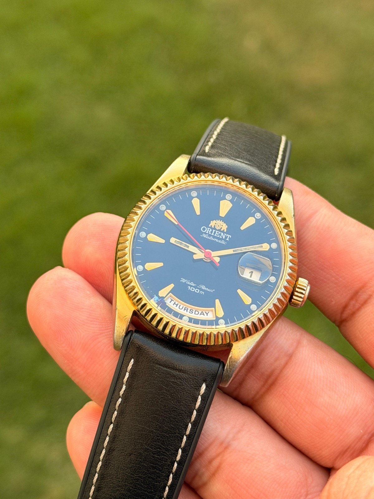 Vintage Orient president automatic day/date black dial men’s wrist watch Japan