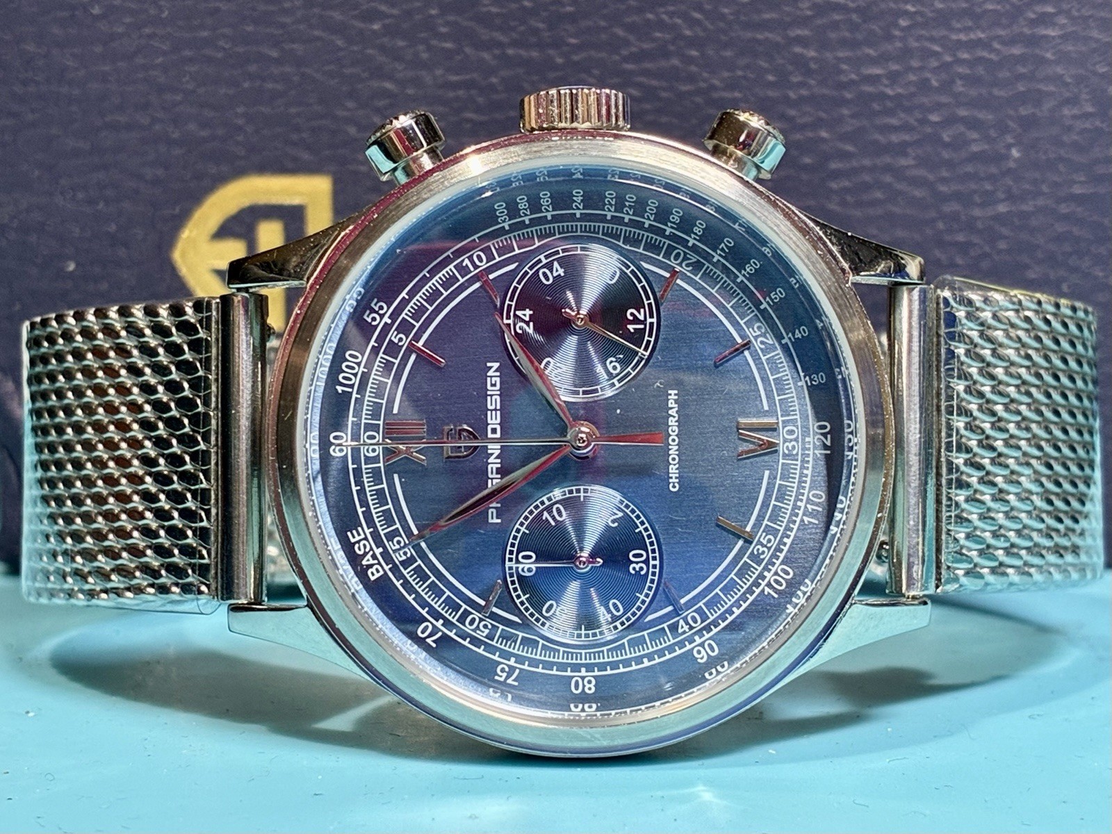 PAGANI DESIGN 40MM CHRONO VINTAGE STYLE BLUE BICOMPAX DIAL SEIKO VK64 QUARTZ