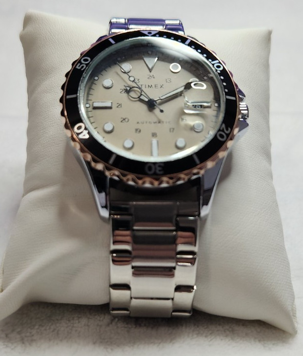 Stunning Timex Automatic Dive Watch 41mm Tan Dial Rotating Bezel Glass Caseback